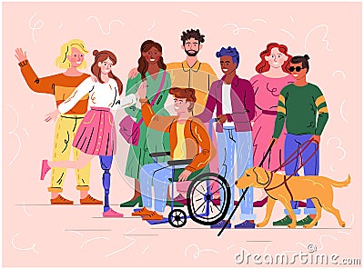 Group of diverse disabled people and guide dog Vector Illustration