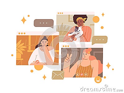 Group of diverse female enjoy online meeting or web communication vector flat illustration. Smiling girl friends talking Vector Illustration