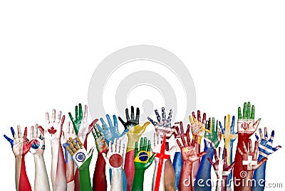 Group of Diverse Flag Painted Hands Raised Stock Photo