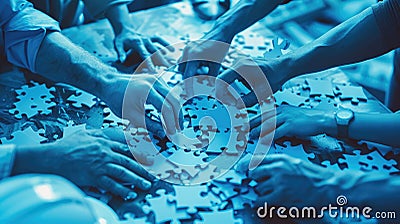 A group of diverse hands assembling a puzzle, each piece representing a different skill or perspective AIG535 Stock Photo