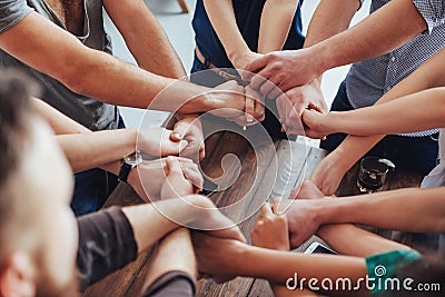 Group of Diverse Hands Together Joining. Concept teamwork and friendship Stock Photo