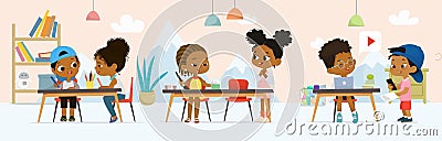 Group of diverse little kids at classroom doing entertainment educational activity vector flat Vector Illustration
