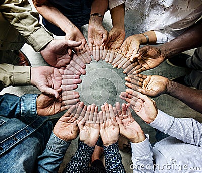 Group of diverse palms circled support together Stock Photo