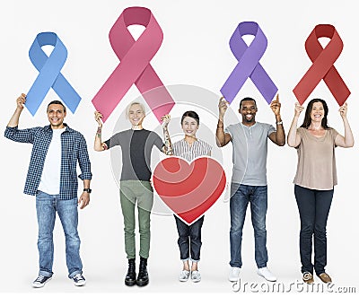 Group of diverse people awareness ribbons Stock Photo