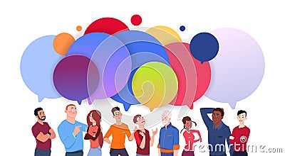 Group Of Diverse People With Colorful Chat Bubbles Cartoon Men And Women Social Media Communication Concept Vector Illustration