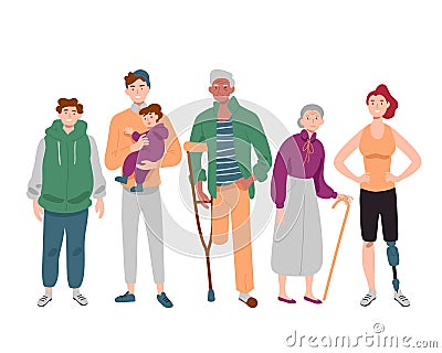 Group of diverse people mixed age standing together. Vector Illustration