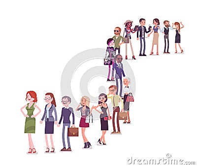 Group of diverse people queuing in a long line Vector Illustration