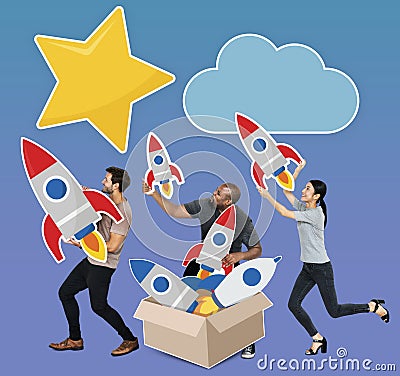 Group of diverse people with rockets in a box Stock Photo