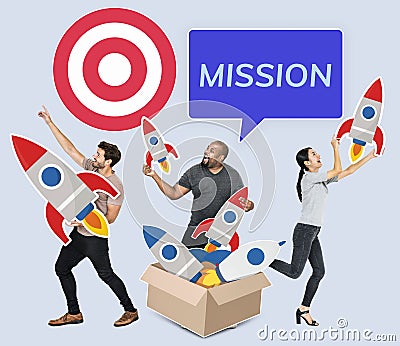 Group of diverse people with rockets and target Stock Photo