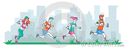 Group of Diverse People in Sports Wear Running City Marathon on Cityscape Background. Summertime Outdoor Sport Activity Vector Illustration