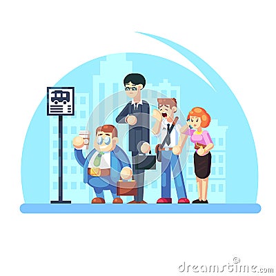 Group of diverse people waiting for the bus while standing at the bus stop in the morning. Office workers on the street Vector Illustration