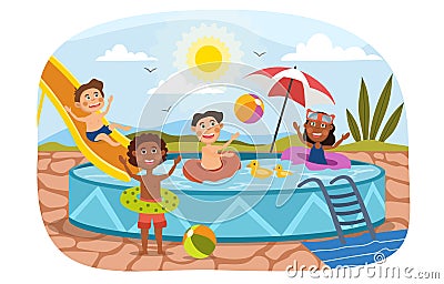 Group of diverse young kids playing in a pool Cartoon Illustration