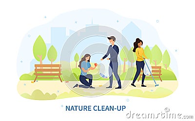 Group of diverse young people cleaning a park Vector Illustration