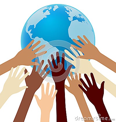 Group of Diversity Hand Reaching For the Earth, Globe, Unity Vector Illustration