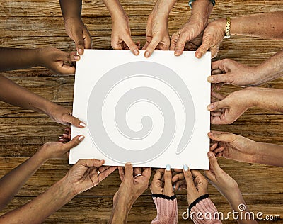 Group of diversity hands holding empty paper Stock Photo