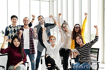 Group of Diversity People Team smiling and cheerful in success work at modern office. Creative Multiethnic teamwork feeling happy, Stock Photo