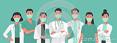 Doctors and nurses wearing a surgical face mask and standing together Vector Illustration