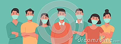 Group of character people wearing surgical face mask to prevent virus spreading and standing together Vector Illustration