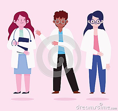 group doctors medical characters professional cartoon Vector Illustration