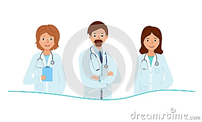 Group of doctors from medical clinic. Therapist or dentist in glasses on neck of a stethoscope. Vector Illustration