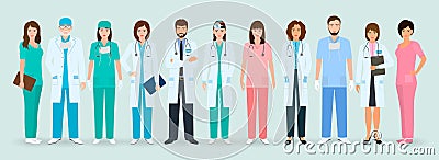 Group of doctors and nurses standing together. Medical people. Hospital staff. Vector Illustration