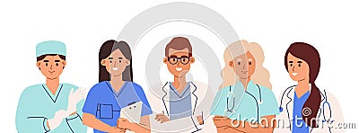 Group of doctors, nurses, surgeon, pharmacist and therapist with gloves and stethoscopes. Team of smiling medic workers Vector Illustration