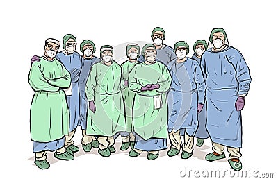 group of doctors and nurses. they wear protection against contagion. illustration Cartoon Illustration