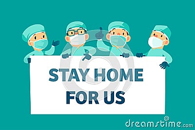 Group of doctors wearing medical mask and holding message board Vector Illustration