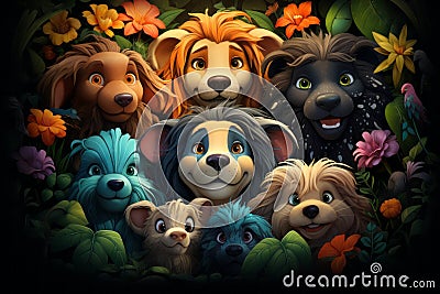 a group of dogs and cats in the jungle Stock Photo