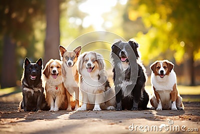 Group of dogs different breed sitting outdoor. Generative AI Stock Photo