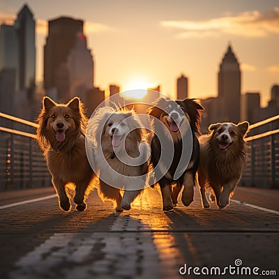 Group of dogs enjoys a sunset stroll in New York City Stock Photo