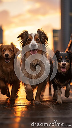 Group of dogs enjoys a sunset stroll in New York City Stock Photo