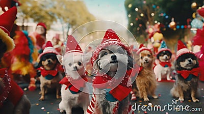 a group of dogs,pet parade adorned in Christmas outfits and accessories, parading down a street festooned with Christmas Stock Photo