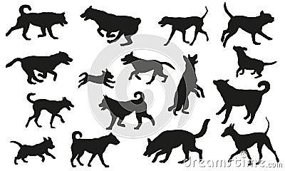 Group of dogs various breed. Black dog silhouette. Running, standing, walking, jumping, sniffing dogs. Isolated on a Vector Illustration