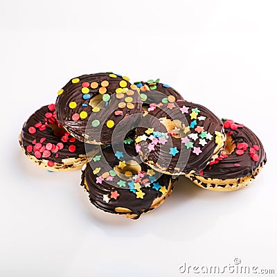 Group of donuts glazed with chocolate and sprinkles Stock Photo