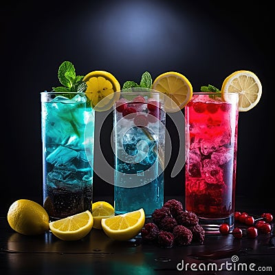 a group of drinks with fruit and berries Stock Photo