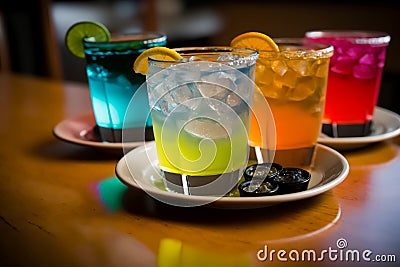 A group of drinks sitting on top of a wooden table, Generative Ai Stock Photo