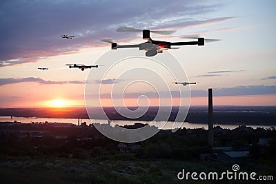 group of drones above the city Stock Photo