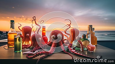 A group of drunk octopus figurines sitting on top of a table. AI generative image. Stock Photo