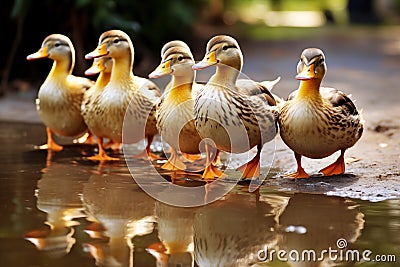 Group of ducklings walking in a line towards a glistening pond. Generative AI Stock Photo