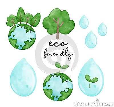 group of Eco environmental friendly symbol, three, earth and water, save the planet, save energy watercolor painting Vector Illustration