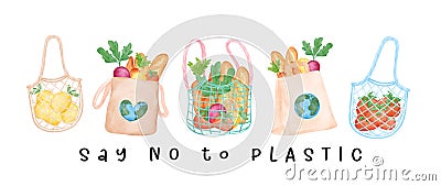 Group of Eco-Friendly reusable shopping bag full of fresh vegetables watercolor hand drawing illustration banner Vector Illustration