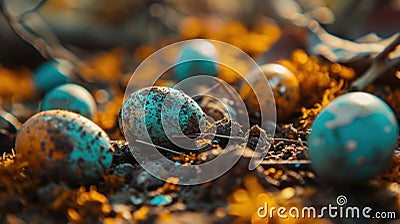 A group of eggs with blue and yellow spots on the ground, AI Stock Photo