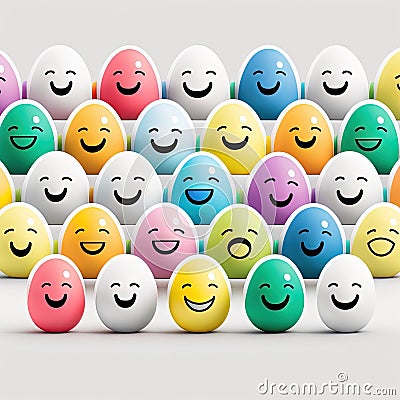 a group of eggs with faces painted on them in a row, all of them lined up in a row, all with different colored eggs with smiling Stock Photo