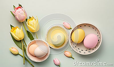 a group of eggs and flowers on a blue surface with a white basket and yellow tulips on the side of the egg carton Stock Photo