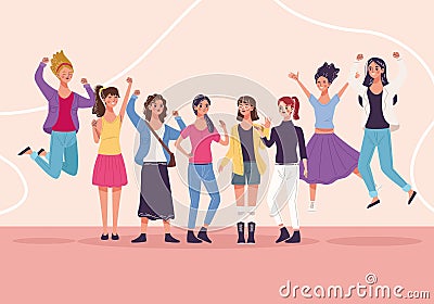 group of eight beautiful young women characters celebrating Vector Illustration