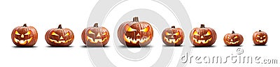 A group of eight lit spooky halloween pumpkins, Jack O Lantern with evil face Stock Photo