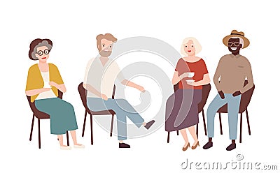 Group of elderly men and women sitting on chairs, drinking tea, talking to each other and laughing. Old retired people Vector Illustration