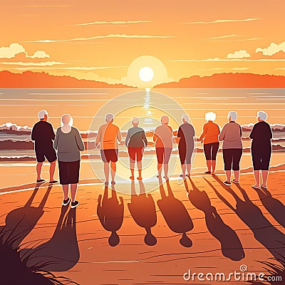 A group of elderly people are doing exercises at the seashore at sunset. Rear view. AI generated image. Stock Photo