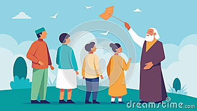 A group of elders watching on as the younger generation flies kites in honor of their ancestors sacrifices.. Vector Vector Illustration